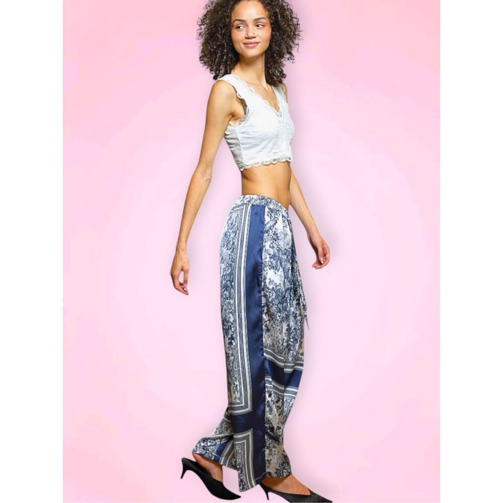 POL Wide Leg Toile Print Pants Navy Ivory Boho Drawstring Palazzo Pants Large - Picture 3 of 9